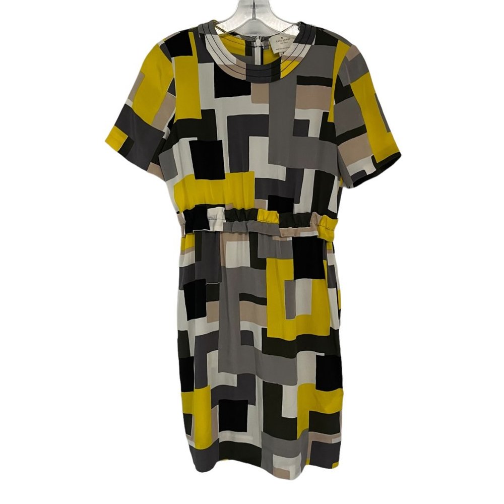 Kate Spade Yellow Grey White Printed Short Sleeve High Neck 100% Silk Dress 4